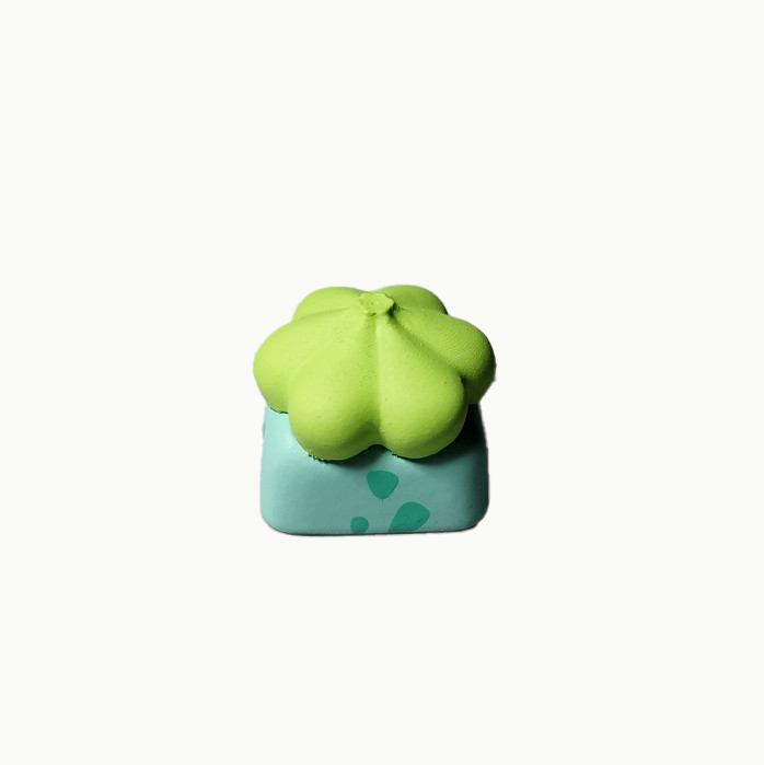 Handmade plant monster keycap, green and blue resin, inspired by Bulbasaur.