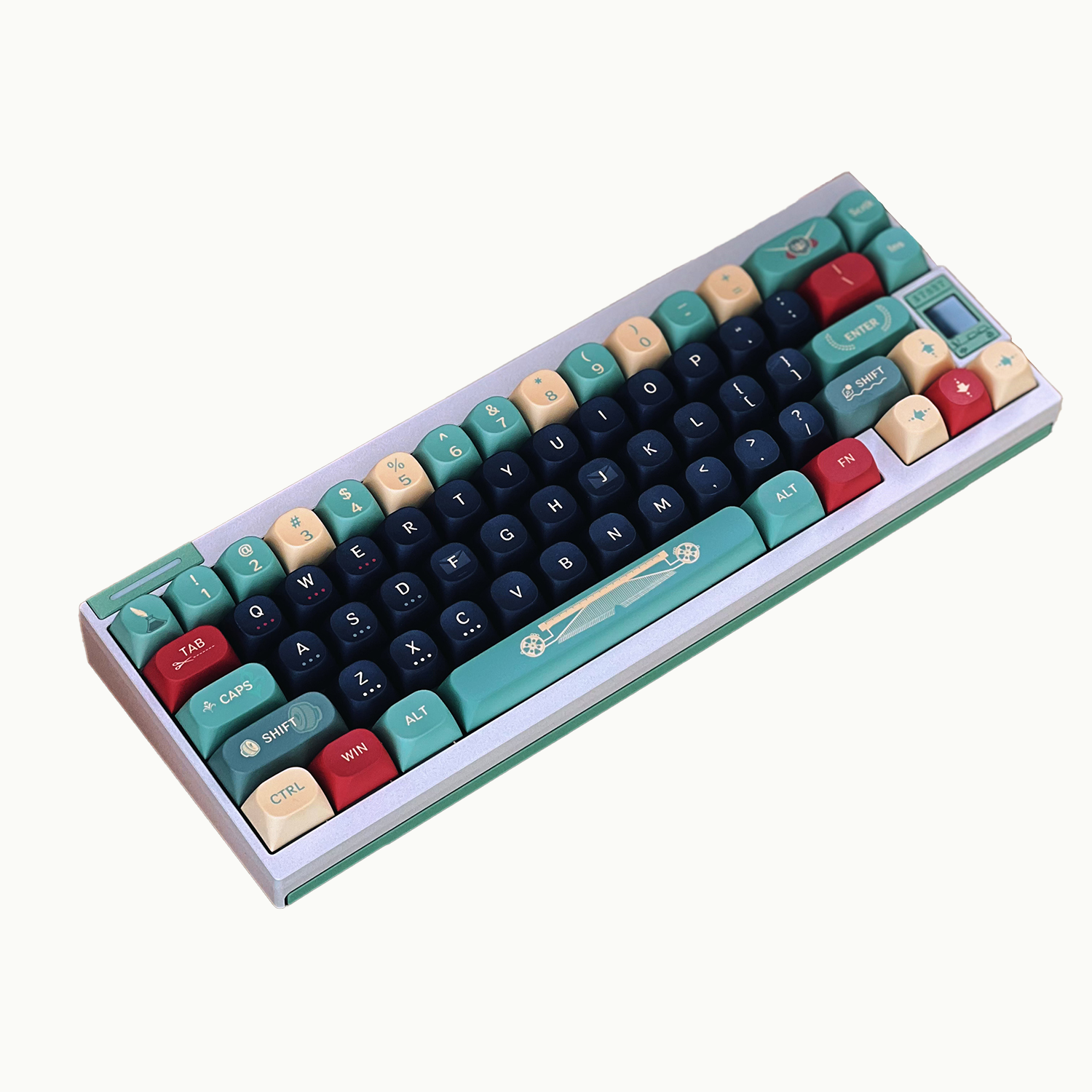 Colorful keycap set for a mechanical keyboard, with blue, green, red, and yellow keycaps.